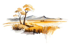 Watercolor golden field with crops on transparent background, PNG. Hand-drawn golden agriculture, cultivation, countryside landscape field for t-shirts, book covers, and print media decorations png