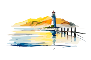 Watercolor lighthouse on the sea beach with copy space, transparent background, png. Hand-drawn coastline painting for t-shirts, book covers, and print media decorations png