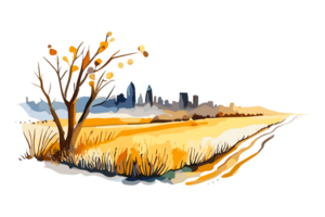 Watercolor golden field with crops on transparent background, PNG. Hand-drawn golden agriculture, cultivation, countryside landscape field for t-shirts, book covers, and print media decorations png