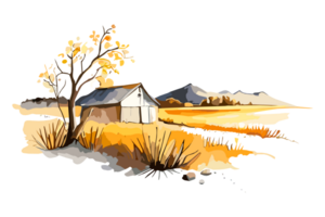 Watercolor golden field with crops on transparent background, PNG. Hand-drawn golden agriculture, cultivation, countryside landscape field for t-shirts, book covers, and print media decorations png