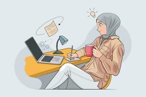 Hijab working. Casual young smiling woman in hijab with interactive learning vector illustration pro download