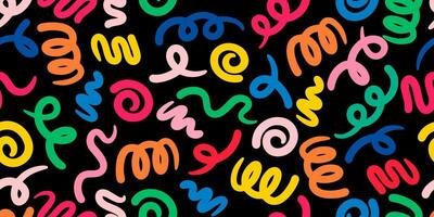 Doodle sketch style of colorful shapes and lines on black background for children or trendy design. seamless pattern creative minimalist style art background. vector