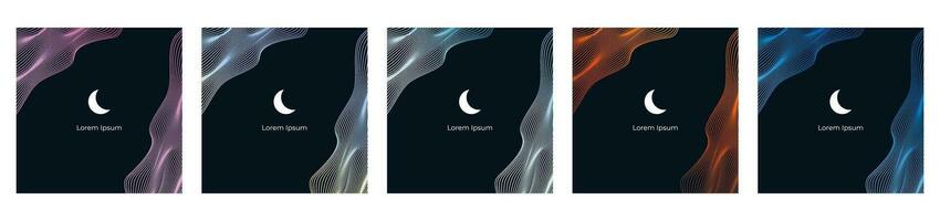 Set Linear abstract waves on a dark background, the moon on a background of wavy linear hills. Asian motifs. Vector banner