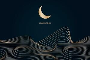 Golden linear abstract mountains on dark background, Moon over wavy linear hills backdrop. Asian motifs. Vector banner