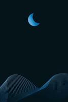 Linear abstract mountains waves on dark background, Moon over wavy linear hills backdrop. Asian motifs. Vector banner