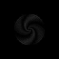 trama de semitonos puntos en espiral forma. redondo logo. vector punteado marco. giro diseño concéntrico círculos geométrico elemento, resumen representación de tecnológico cámara obturador concepto, aislado en negro