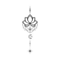 Lotus flower moon and stars line art element isolated. Abstract constellation composition, Graphic design tattoo vector