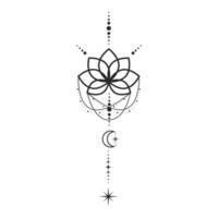 Lotus flower moon and stars line art element isolated. Abstract constellation composition, Graphic design tattoo vector