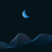 Linear abstract mountains waves on dark background, Moon over wavy linear hills backdrop. Asian motifs. Vector banner