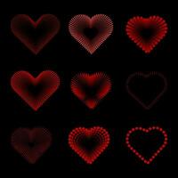 Set of hearts with dots transition halftone, collection of vector design elements on black background