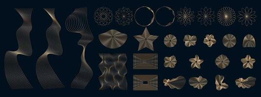 Abstract golden linear elements of different shapes, Set of wavy golden design elements on a dark background. Vector icons