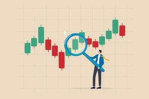 Technical analysis trader to analyze stock market or crypto currency data movement, trend analysis to take profit, buy and sell indicator chart concept, businessman trader magnify candlestick chart. vector