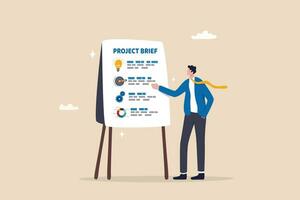 Project briefing, design summary or brief document presentation, business goal strategy or workflow development details, planning concept, businessman present project brief on meeting room whiteboard. vector