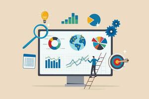 datos analítica, investigación o análisis grafico y gráfico diagrama, Estadísticas informe, dato o financiero análisis, márketing para sitio web, mejoramiento concepto, empresario analizar datos en monitor pantalla. vector