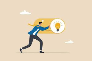 Turn on new idea, solution or innovation to solve problem, enable knowledge or creativity, toggle lightbulb idea invention, unlock or active concept, businessman push toggle switch to turn on idea. vector