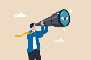 Search for opportunity, business vision, success direction or finding new employee, career future, secret discovery or research concept, businessman look through telescope or binoculars with big eye. vector