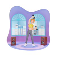 fitness e forza concetto - 3d cartone animato personaggio di un' femmina sollevatore di pesi illustrazione nel Palestra ambientazione png