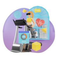 Fitness and Technology Concept - 3D Cartoon Character of a Woman Engaged in Running on Treadmill using Virtual Reality png