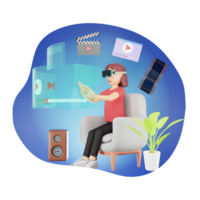 Virtual Reality Leisure - 3D Cartoon Character Wearing VR Glasses Enjoying TV Entertainment in a Digital Render png