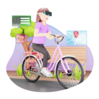 tecnologia e fitness concetto - 3d cartone animato personaggio di un' donna equitazione bicicletta con vr bicchieri nel un' virtuale ambiente png
