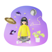 Technology and Mindfulness Concept - 3D Cartoon Character of a Woman Practicing Meditation and Finding Relaxation with VR Glasses png