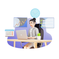 Productive Office Environment - Woman in VR Glasses Sitting at Office - 3D Character Illustration in a Virtual Reality Workspace png