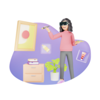 digitale innovazione e metaverso arte - realistico 3d rendere di un' donna impegnato nel nft arte creazione con vr bicchieri png
