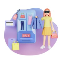 Technology and E-commerce Concept - 3D Cartoon Character of a Woman Using VR Glasses to Select Goods in a Web Application png