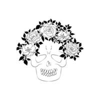 Hand drawn cartoon skull with wreath of doodle rose and anemone flowers with leaves on stems. La Catrina design for Day of the Dead, sugar skull, Dia de los muertos. Isolated on white background vector