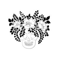 Hand drawn cartoon skull with wreath of doodle rose and anemone flowers with leaves on stems. La Catrina design for Day of the Dead, sugar skull, Dia de los muertos. Isolated on white background vector