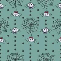 Colorful seamless pattern with hand drawn doodle Halloween characters and objects - cartoon cute little spider girl and boy with bows and spider web vector