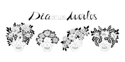 Set of hand drawn cartoon skulls with wreaths of doodle rose and anemone flowers with leaves on stems. La Catrina design for Day of the Dead, sugar skulls, Dia de los muertos lettering. vector