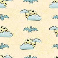 Colorful seamless pattern with hand drawn doodle cute Halloween character and objects - cartoon bat, moon with clouds and spider web vector