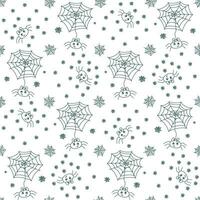 Seamless pattern with hand drawn doodle Halloween character and objects - cartoon cute little spider girl with bow on head and spider web vector