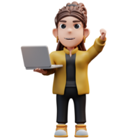 3d illustration of stylist girl standing happily and holding laptop png