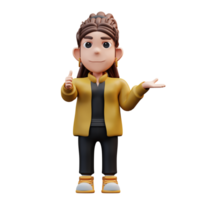 3d illustration of stylist girl standing with a thumbs up gesture and pointing to the side png