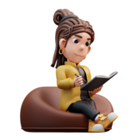 3d illustration of stylist girl sitting reading a book png