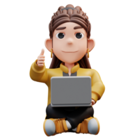 3d Illustration of stylist girl sitting holding laptop and thumbs up png