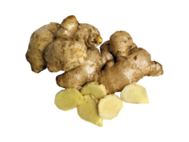 Top view of fresh ginger root and slice isolated png, png