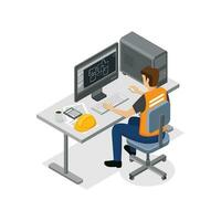 Ingenieria diseñador trabajando hombre sentado a su lugar de trabajo trabajando con computadora programa. isométrica vector ilustración