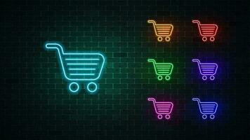 Neon shoping cart. Basket neon set. Online Shopping sign. Vector illustration