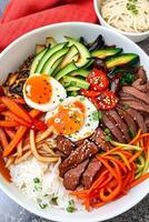 Bibimbap Korean mixed rice with meat AI generative photo