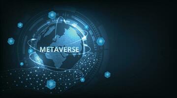 Concept of Metaverse technology with blockchain network connecting on dark blue background. vector