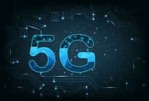 Creative 5G icon on electric circuits dark blue background. vector