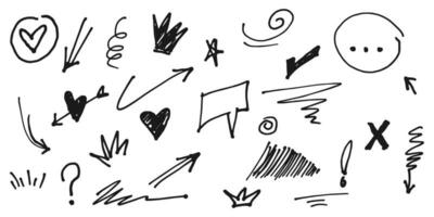 Doodle collection cartoon expression effects. Hand drawn infographic emphasis elements. Arrows, heart, check list, stars and scribble. vector illustration