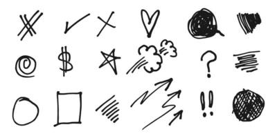 Doodle collection cartoon expression effects. Hand drawn infographic emphasis elements. Arrows, heart, check list, stars and scribble. vector illustration