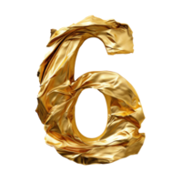 Crumpled gold foil number 6 isolated. Illustration AI Generative png