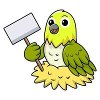 Cute warbling white eye bird cartoon holding blank sign vector