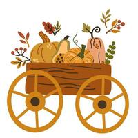 Cart with autumn harvest. Wooden farm cart with leaves and pumpkins. Composition for a poster or postcard. Harvest Festival. Fresh Organic Products from Local Farmers Market. Vector Illustration