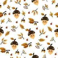 Autumn pattern with acorns, berries and foliage. Acorn character. Creative background for fabric, textile, scrapbooking and prints. Vector illustrations for kids.